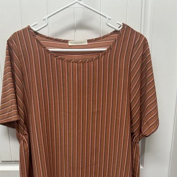 Entro Mini Dress Medium Oversized Orange Brown Flowy Boxy Pockets Popover - Picture 2 of 8